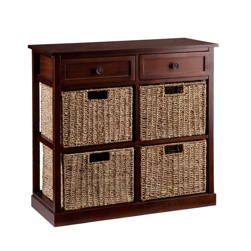 4-Basket Storage Chest with Drawers – Mahogany & Seagrass