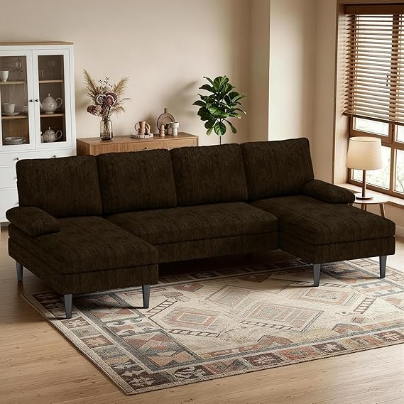 U-Shaped Sectional Sofa with Double Chaise Lounge, 101" Chenille 4-Seat Couch