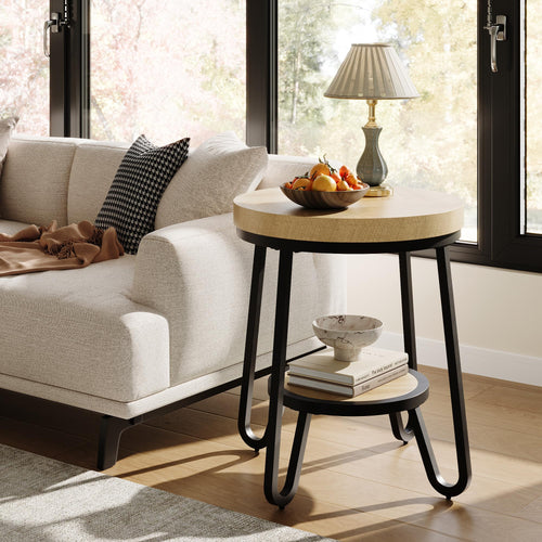 2-Tier Round Side Table with Storage Shelf, 19.7" Wood Tabletop & Curved Metal Legs, Light Brown