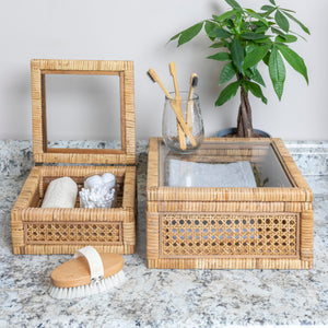 Rattan & Wood Display Boxes with Glass Top – Set of 2