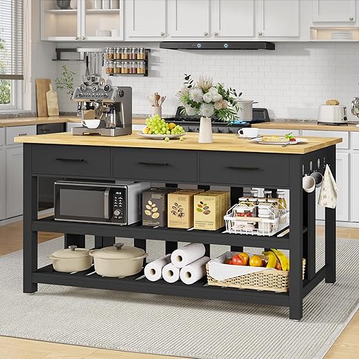 Kitchen Island with Power Outlets & Rubberwood Top