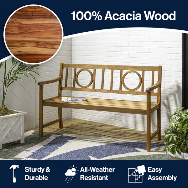 Acacia Wood Outdoor Garden Bench, 3-Seat Circle-Back, 51.2"