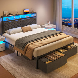 Queen Bed Frame with Storage Drawers, LED Lights & Charging Station