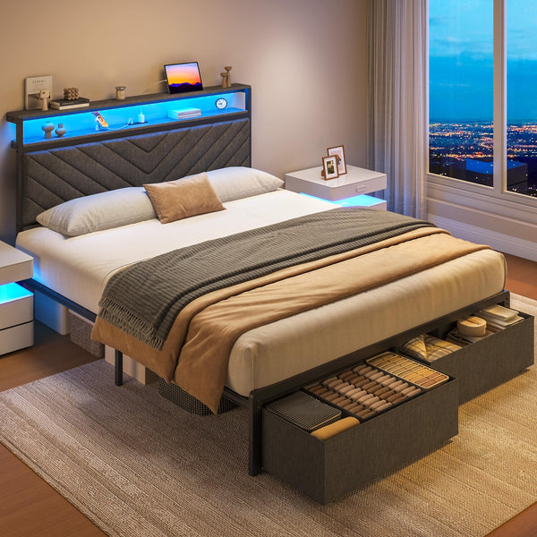 Queen Bed Frame with Storage Drawers, LED Lights & Charging Station