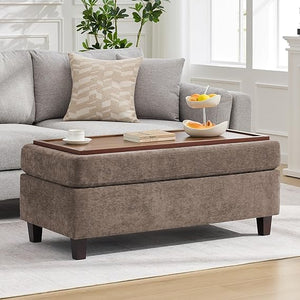 45-Inch Storage Ottoman Bench with Flip-Top Wooden Tray
