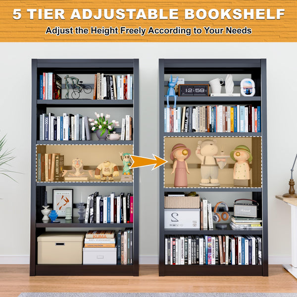 69" Tall Metal 5-Tier Bookcase with Adjustable Shelves