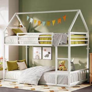 Twin XL Over Twin XL Metal Bunk Bed – House Shaped with Ladder & Guardrail