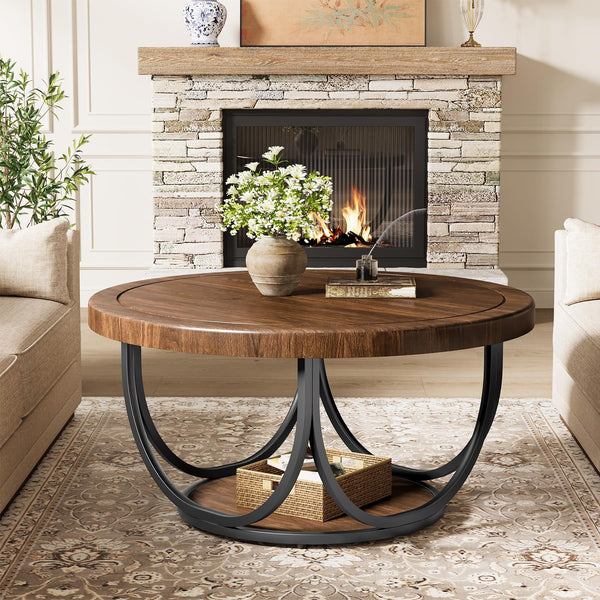Round Coffee Table with Storage Shelf, 2-Tier Metal Frame