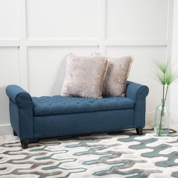 Button-Tufted Fabric Storage Ottoman Bench with Rolled Arms