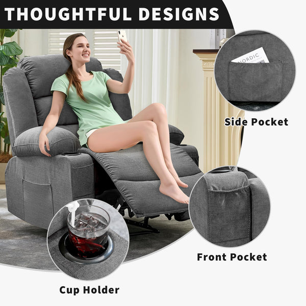 Manual Recliner Chair with Cup Holders & Side Pockets – Grey