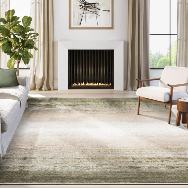 Green Ombre Beige Washable Area Rug