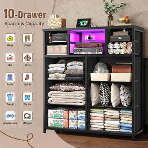 10-Drawer Dresser with LED Lights & Power Outlets – Fabric Chest of Drawers