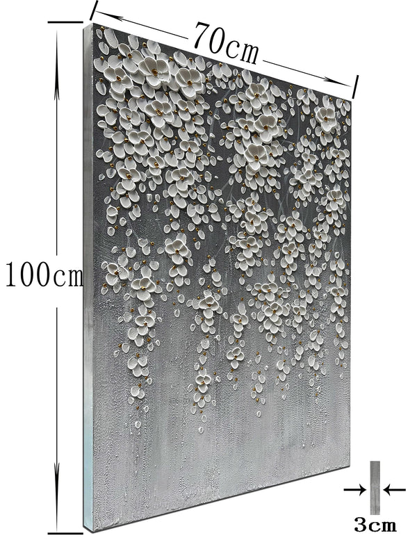 3D Hand-Painted White Floral Canvas Wall Art – Framed, 28x40 Inch
