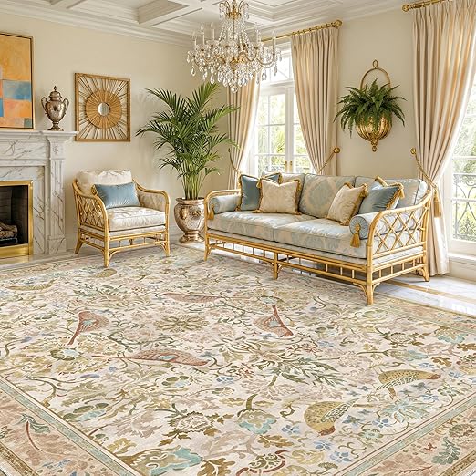 Vintage Floral Bird Area Rug 8x10 – Washable, Non-Slip, Low Pile