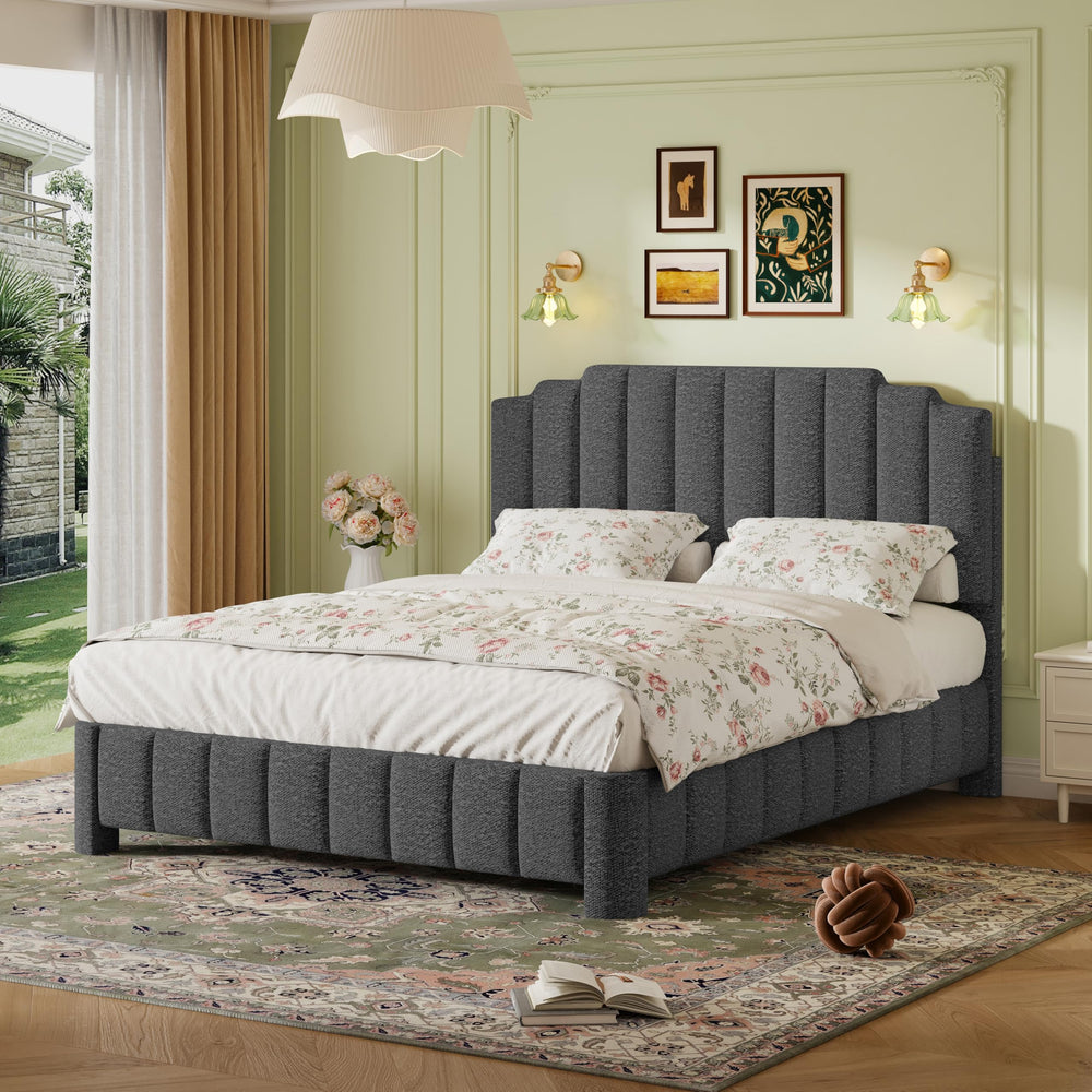 Queen Bed Frame with Adjustable Headboard – Boucle Upholstered Platform Bed