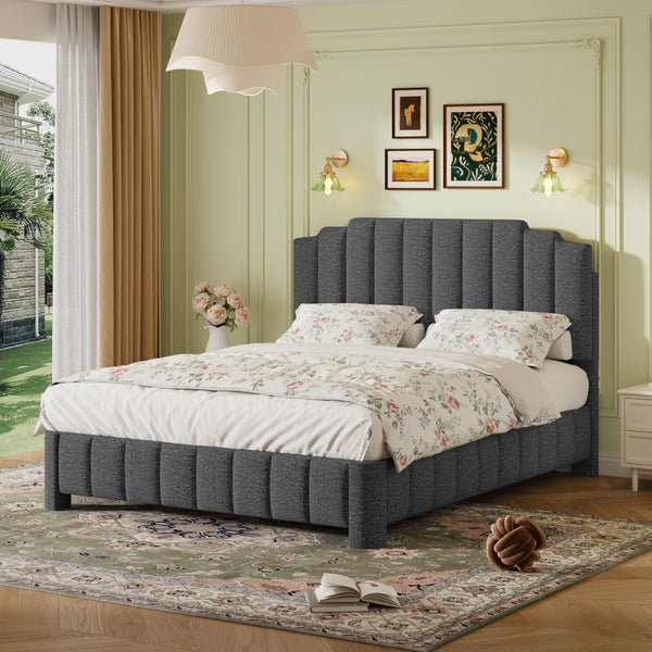 Queen Bed Frame with Adjustable Headboard – Boucle Upholstered Platform Bed