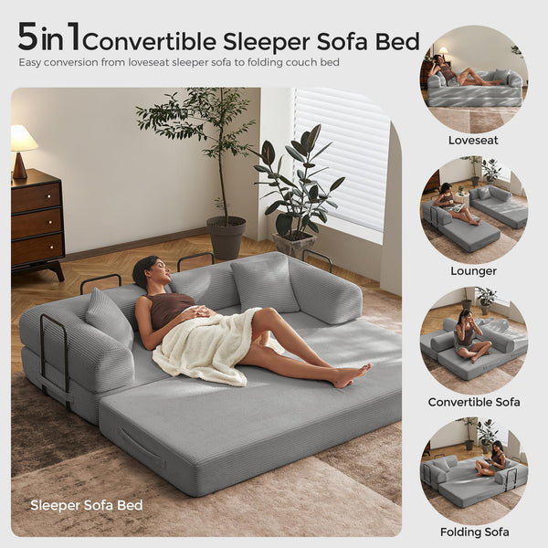 SAVENICA 79" Convertible Floor Sofa Bed, 5-in-1 Modular Sleeper with Removable Parts, No Assembly Corduroy Futon from Sofa to Oversized Bed, Non-Slip Base for Living Room, Dorm (Light Gray)