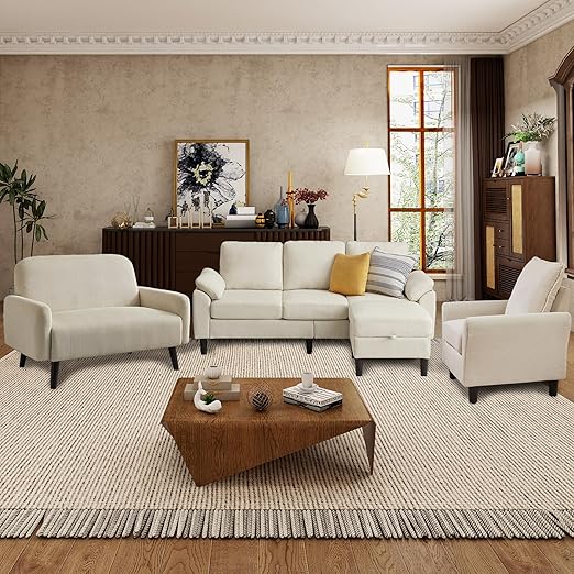 4-Piece Corduroy Living Room Set – Sofa, Loveseat & Ottoman
