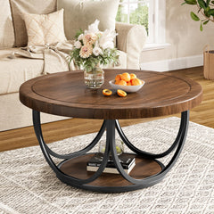 Round Coffee Table with Storage Shelf, 2-Tier Metal Frame