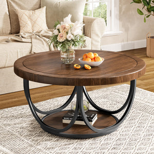 Round Coffee Table with Storage Shelf, 2-Tier Metal Frame