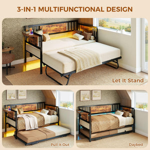 Twin Metal Daybed with Trundle, LED Lights & Charging Station