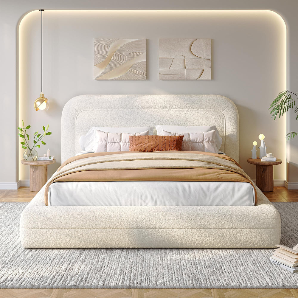 Boucle Upholstered Platform Bed Frame with Headboard