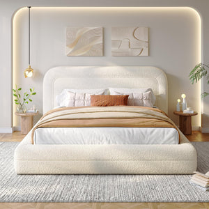 Boucle Upholstered Platform Bed Frame with Headboard