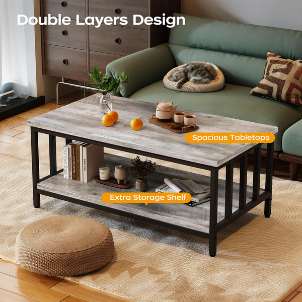 2-Tier Farmhouse Coffee Table with Slatted Sides & Metal Frame