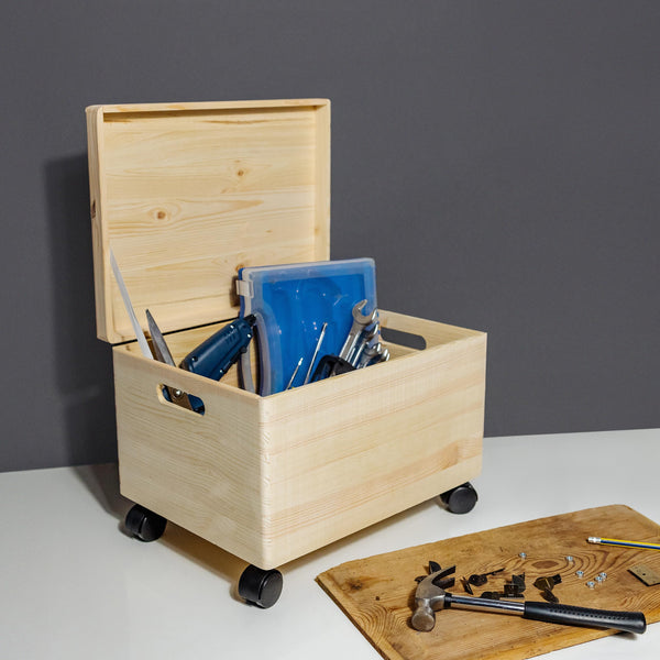 XXL Wooden Storage Box with Hinged Lid, Wheels & Handles