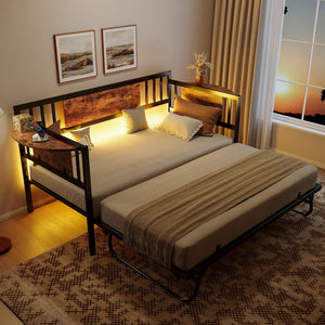 Metal Daybed with Trundle, LED Lights & Charging Station – Twin, 700 lbs