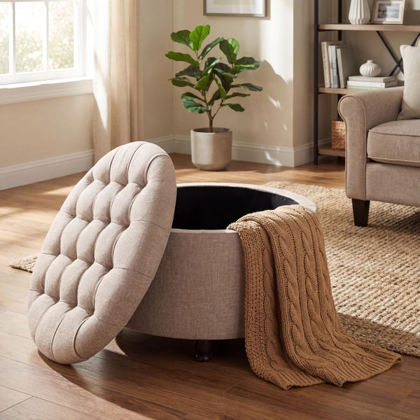 28" Round Storage Ottoman with Wooden Legs