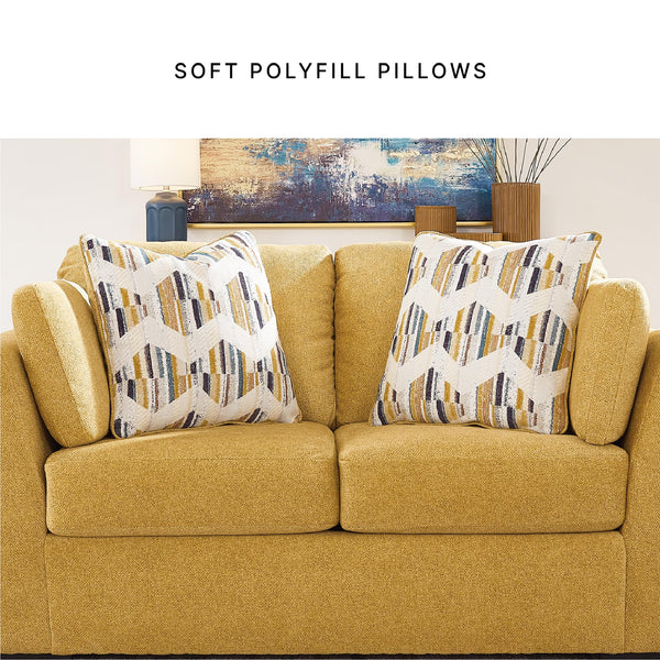 Yellow Velvet Loveseat with Toss Pillows