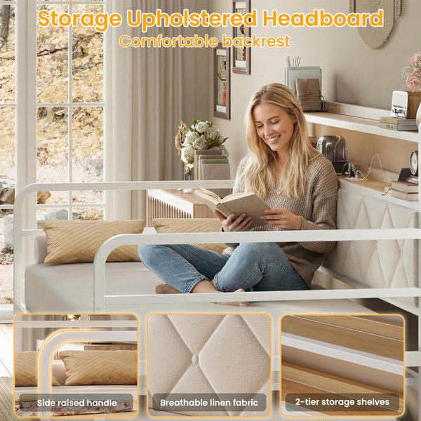 Twin Daybed with Trundle, LED Lights & Charging Station