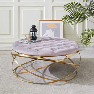 Round Velvet Tufted Ottoman with Gold Legs