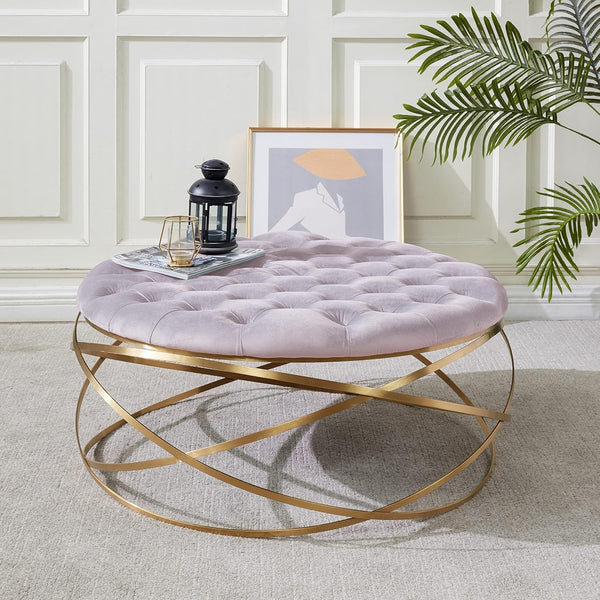 Round Velvet Tufted Ottoman with Gold Legs
