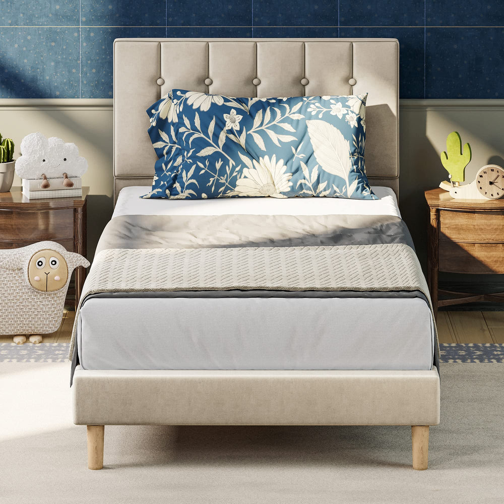 Twin Velvet Upholstered Platform Bed Frame with Headboard