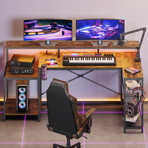 L-Shaped Corner Desk with Power Outlets, LED Strip & Monitor Stand