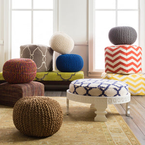 Round Jute Pouf Ottoman – Carnation, Gold & Teal