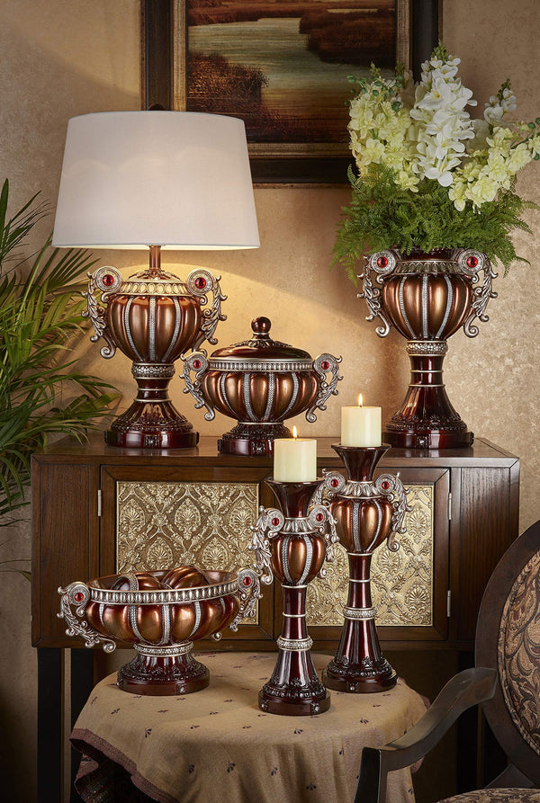 Pumpkin Polyresin Candleholder Set – Silver, Brown & Bronze with Ruby Gems