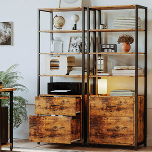 Industrial Bookcase with File Cabinet Drawers, 5-Tier, 71.6"