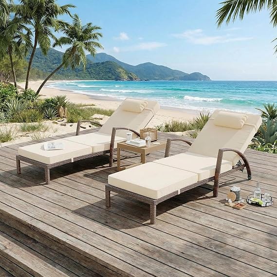 Outdoor PE Wicker Chaise Lounge Set of 2 with Adjustable Backrest