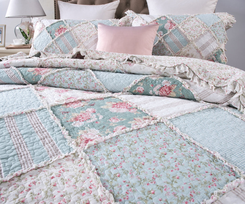 Cottage Patchwork Quilt Set – Mint Blue Pastel Floral