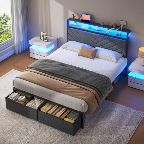 Upholstered Bed Frame with Storage Drawers, LED Lights & Charging Station