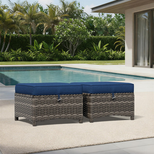 Outdoor Wicker Ottoman Set of 2 with Cushions
