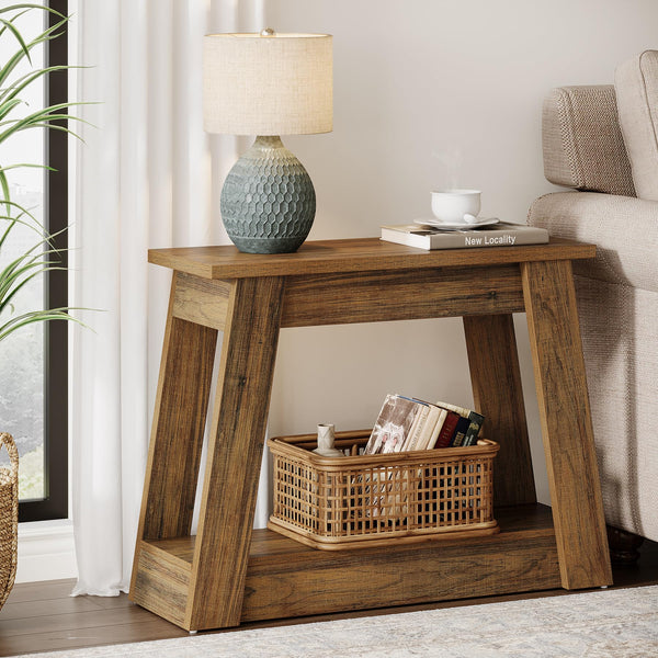 2-Tier Wood End Table with Storage Shelves