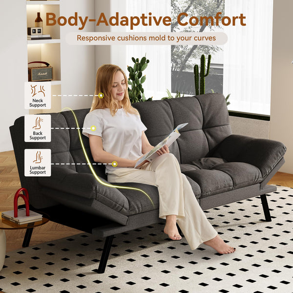 Convertible Futon Sofa Bed – Grey Linen with Adjustable Backrest & Armrests