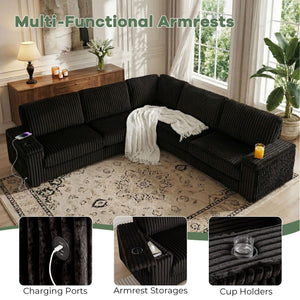 L-Shaped Corduroy Sectional Sofa with USB Charging & Storage