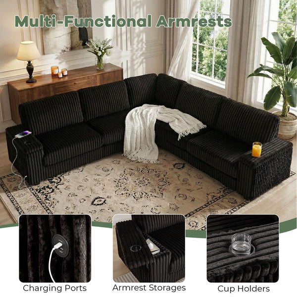 L-Shaped Corduroy Sectional Sofa with USB Charging & Storage