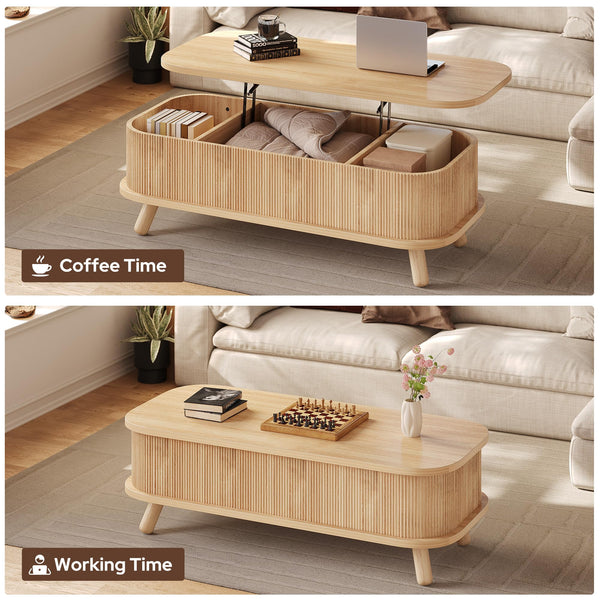 47" Oval Lift Top Coffee Table with Storage & Fluted Design