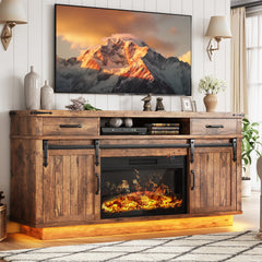 Fireplace TV Stand with Electric Fireplace, LED Light & Sliding Barn Door – Fits TVs up to 65"